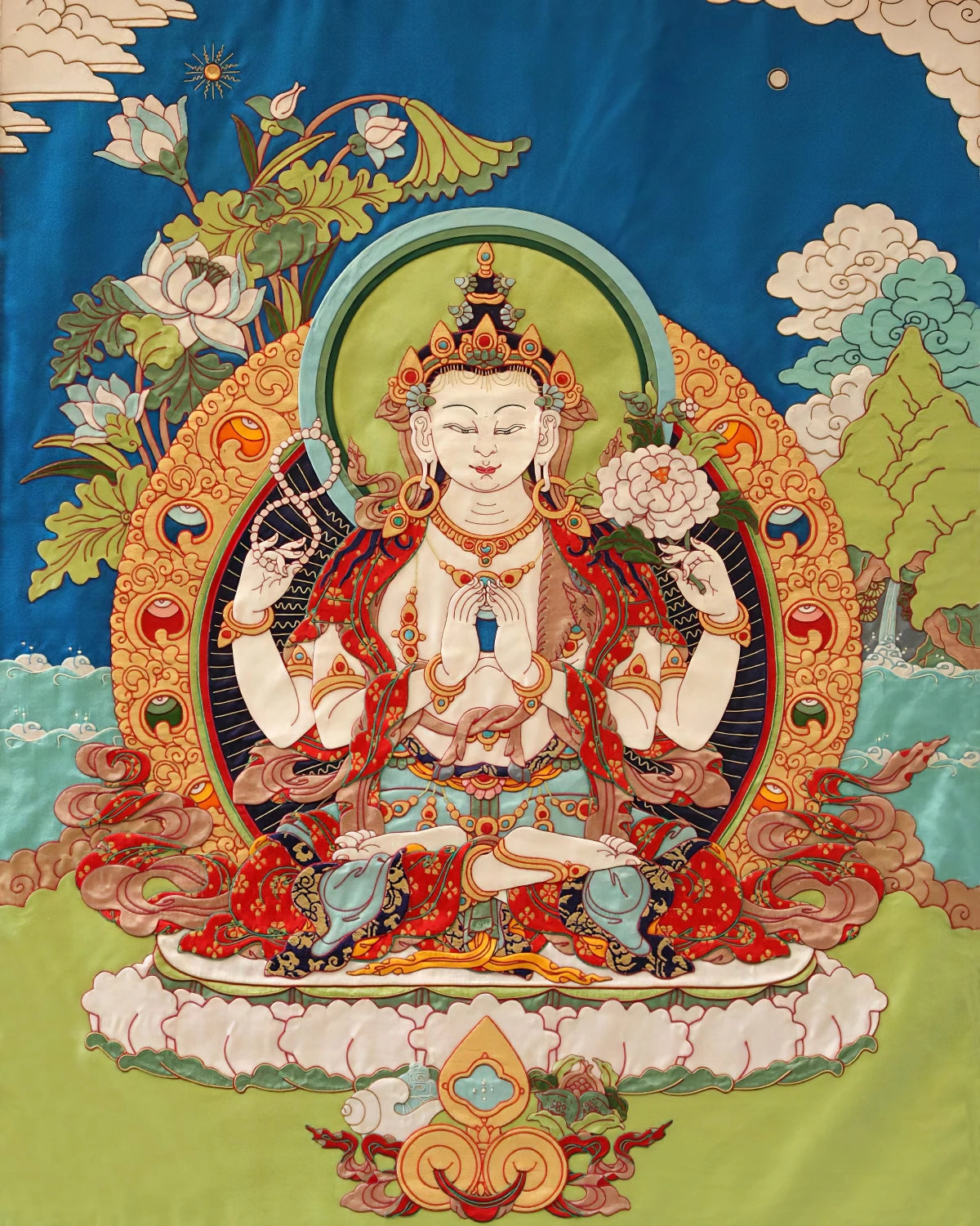Four-Armed Avalokiteshvara (2ft) Tibetan Appliqué Thangka