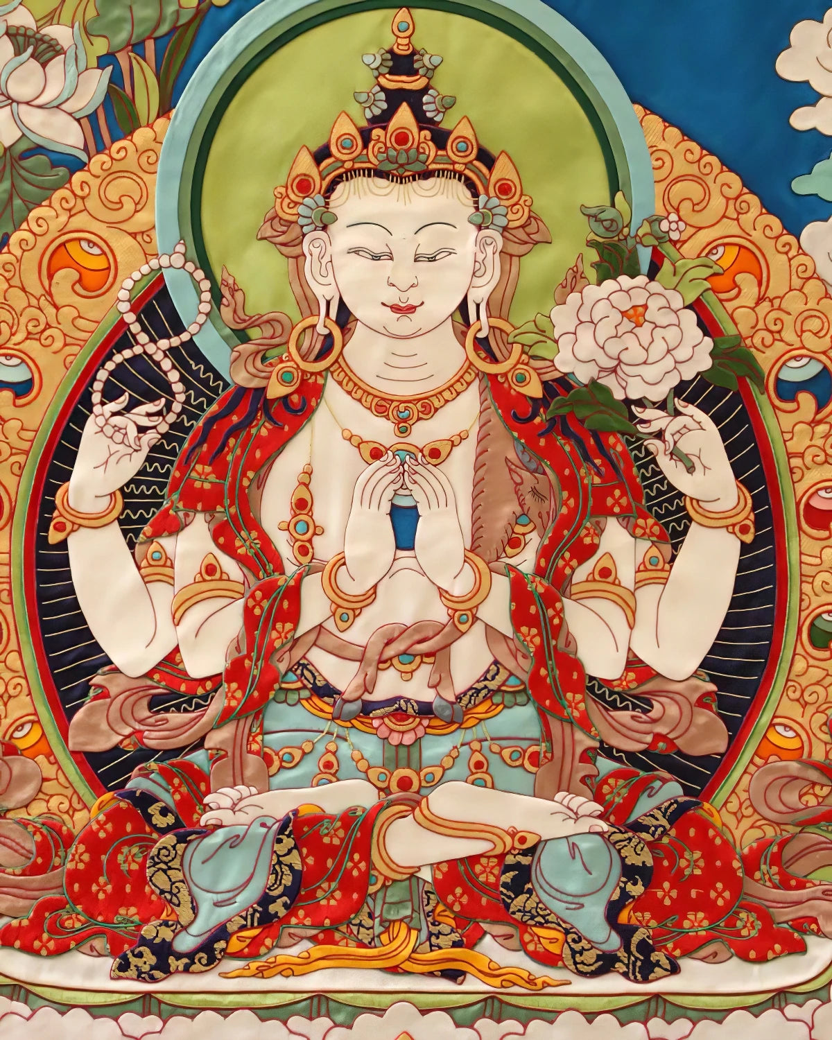 Four-Armed Avalokiteshvara (2ft) Tibetan Appliqué Thangka