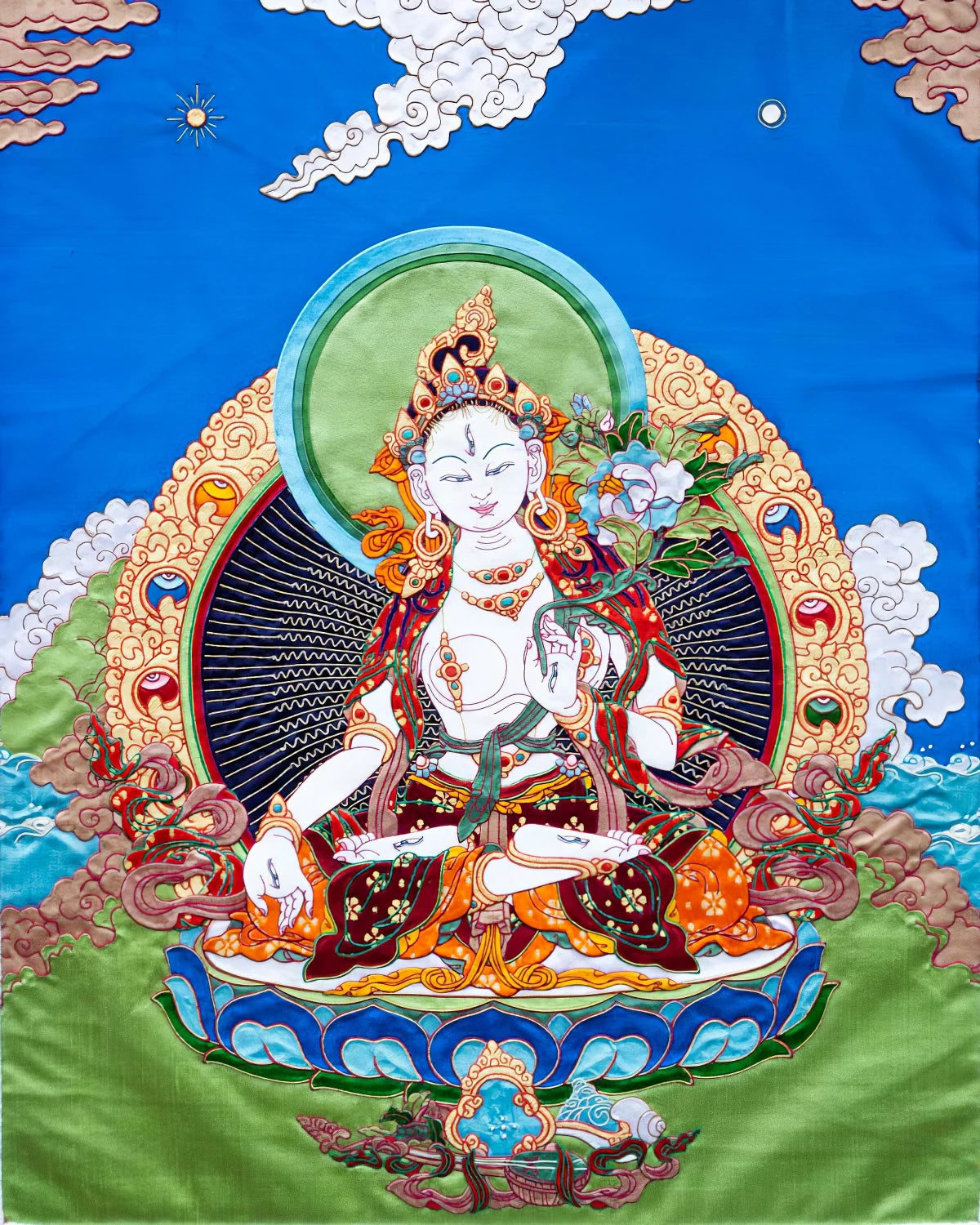 White Tara (detailed) Tibetan Appliqué Thangka