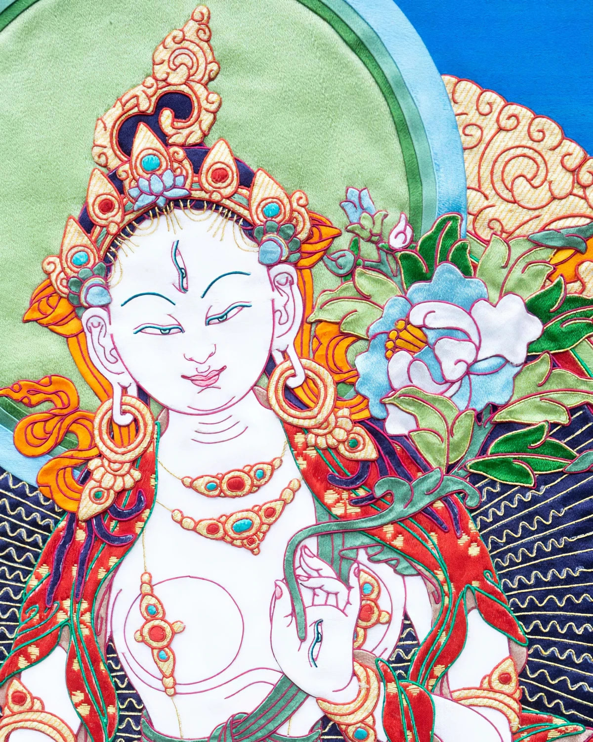 White Tara (detailed) Tibetan Appliqué Thangka