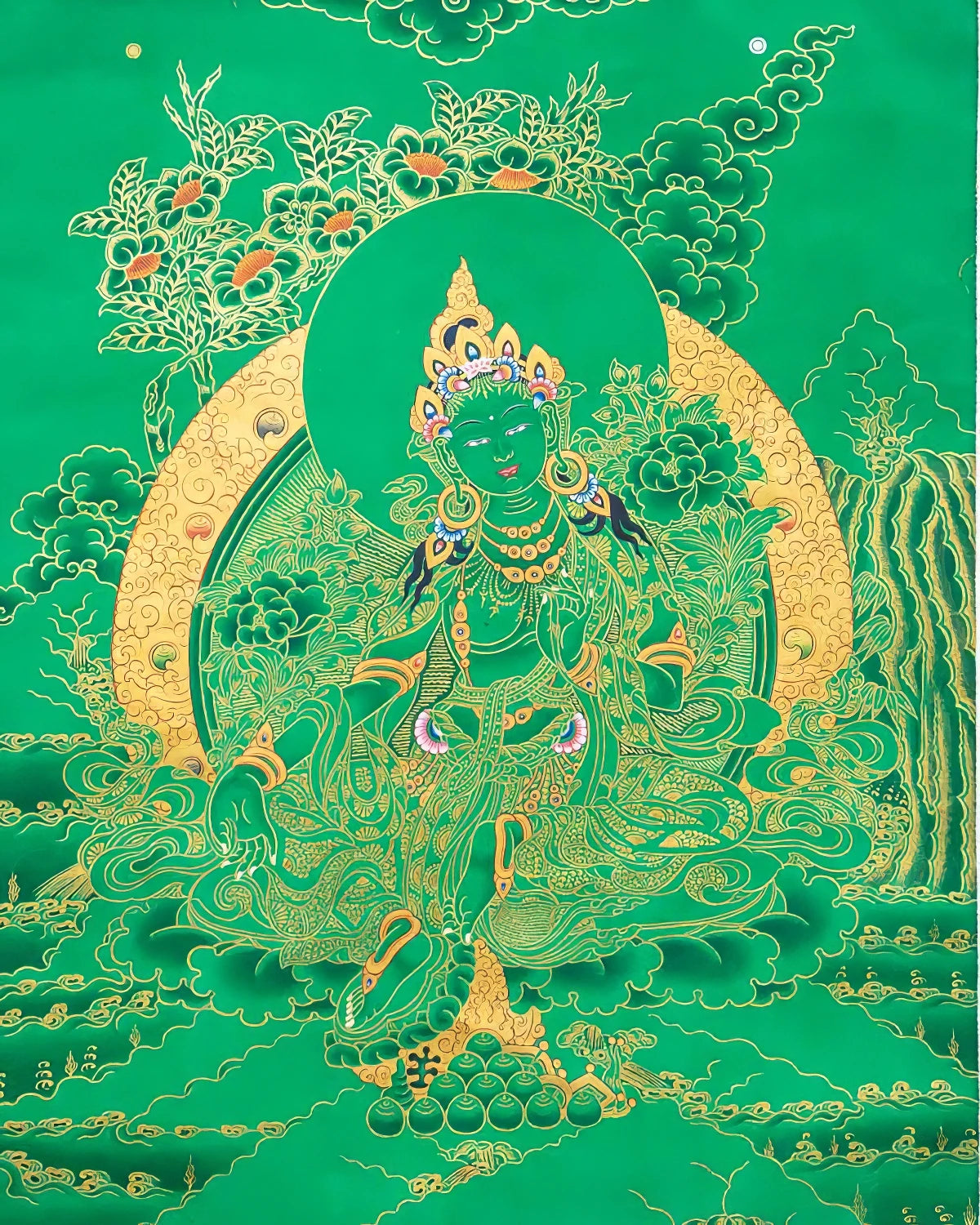 Green Tara (Gold on Green) Painted Thangka