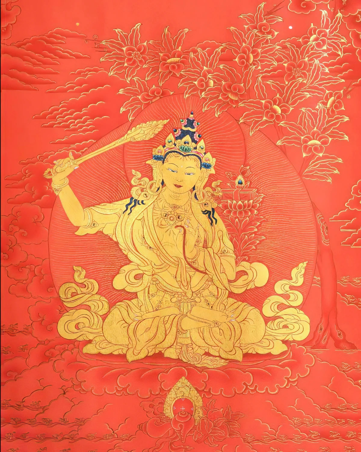 Gurkha Nepal Hand-painted Manjushri, Manjushree, Thangka Art, Painting deals with Silk Brocade