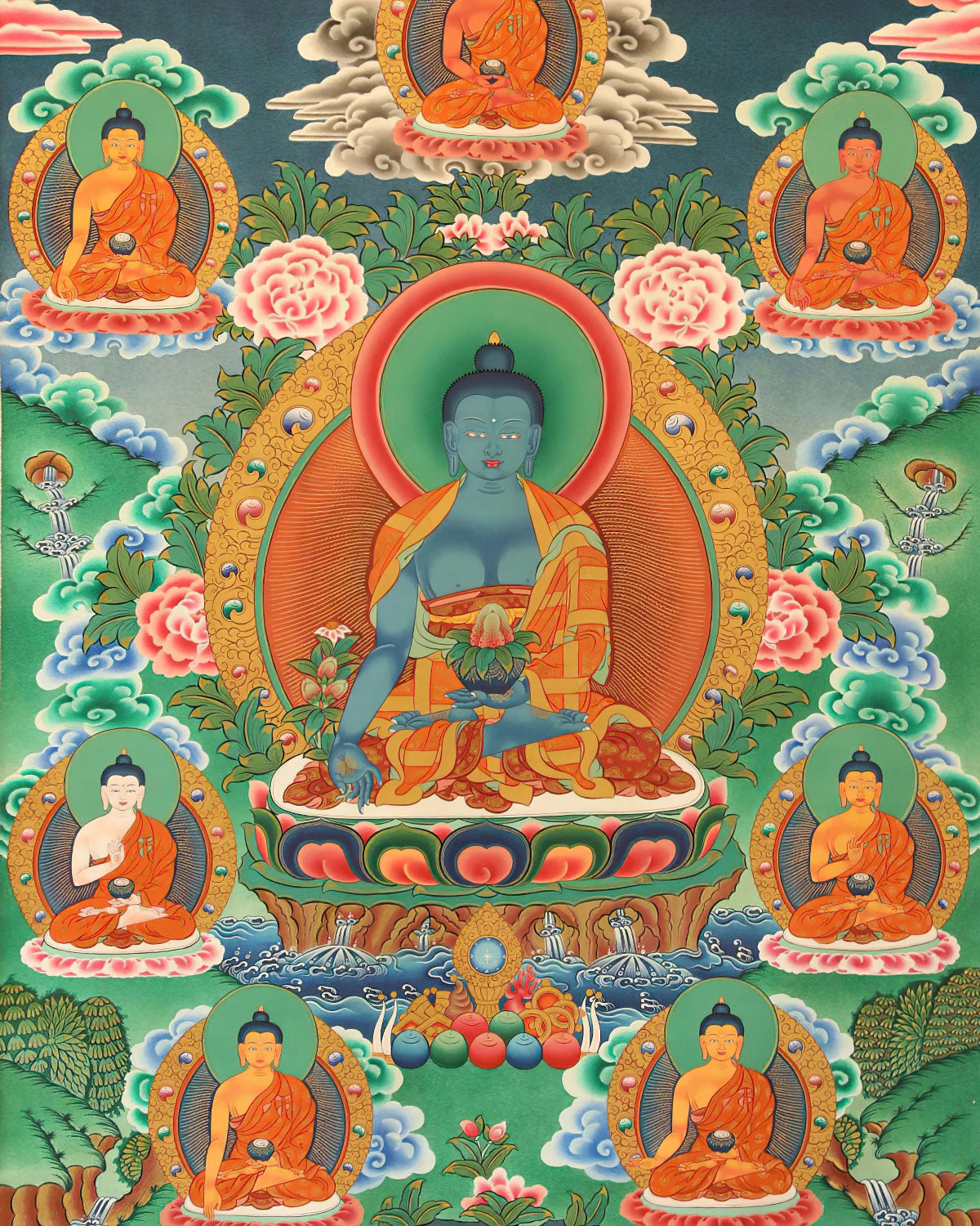 Eight Medicine Buddhas Painted Thangka