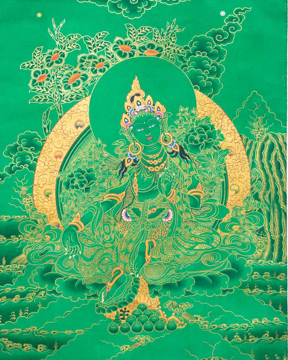 Green Tara (Gold on Green) Painted Thangka