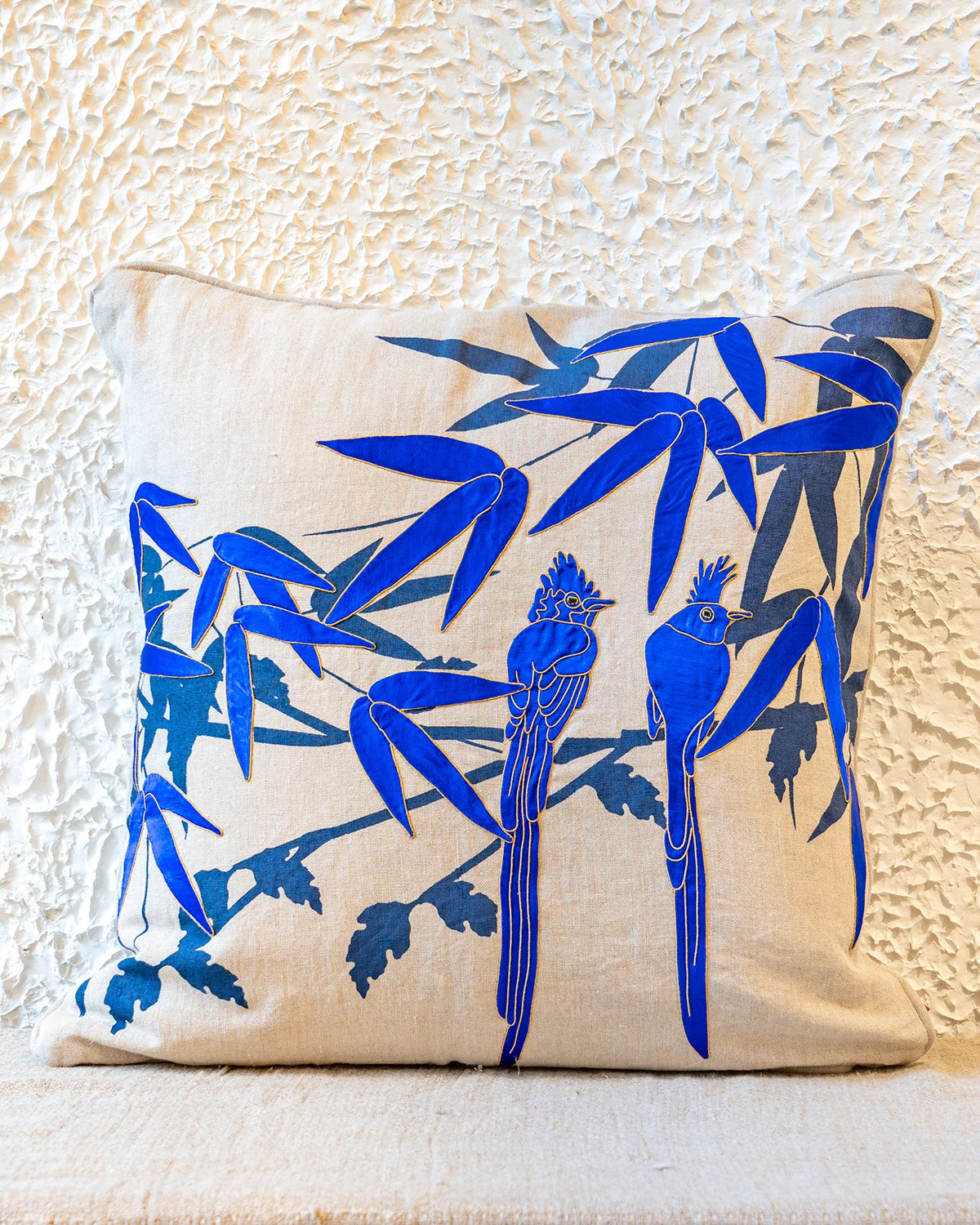 Paradise Flycatchers Appliqué Cushion Cover - Blue