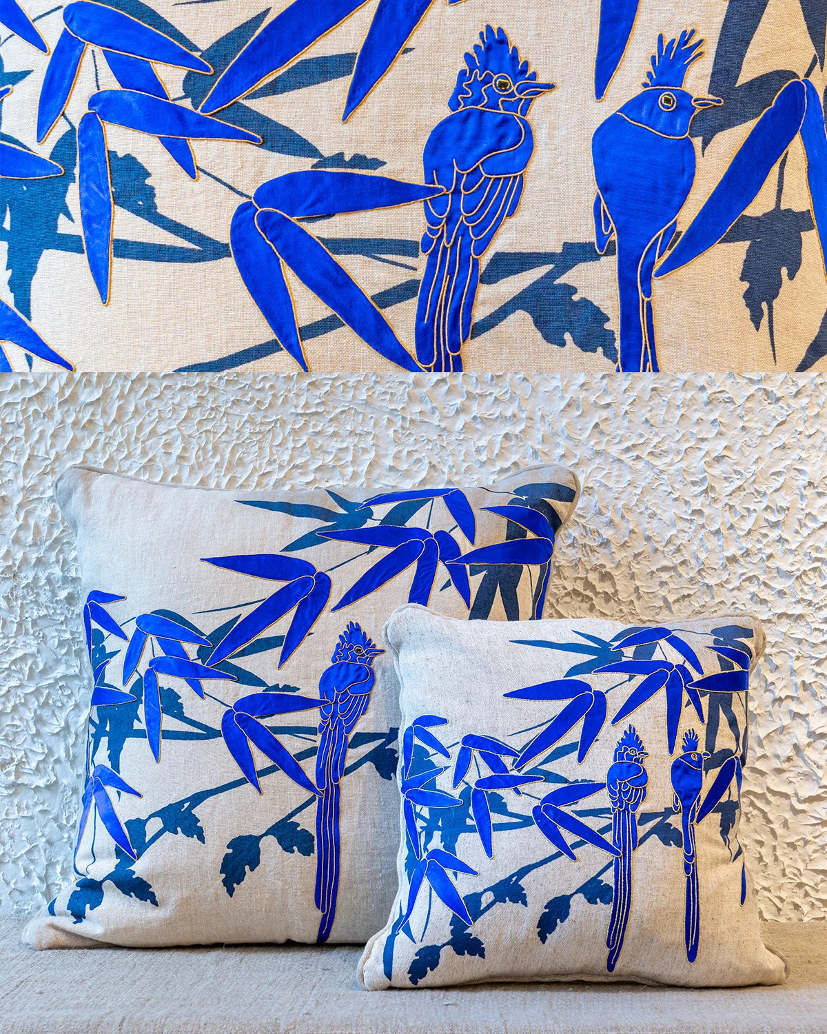 Paradise Flycatchers Appliqué Cushion Cover - Blue