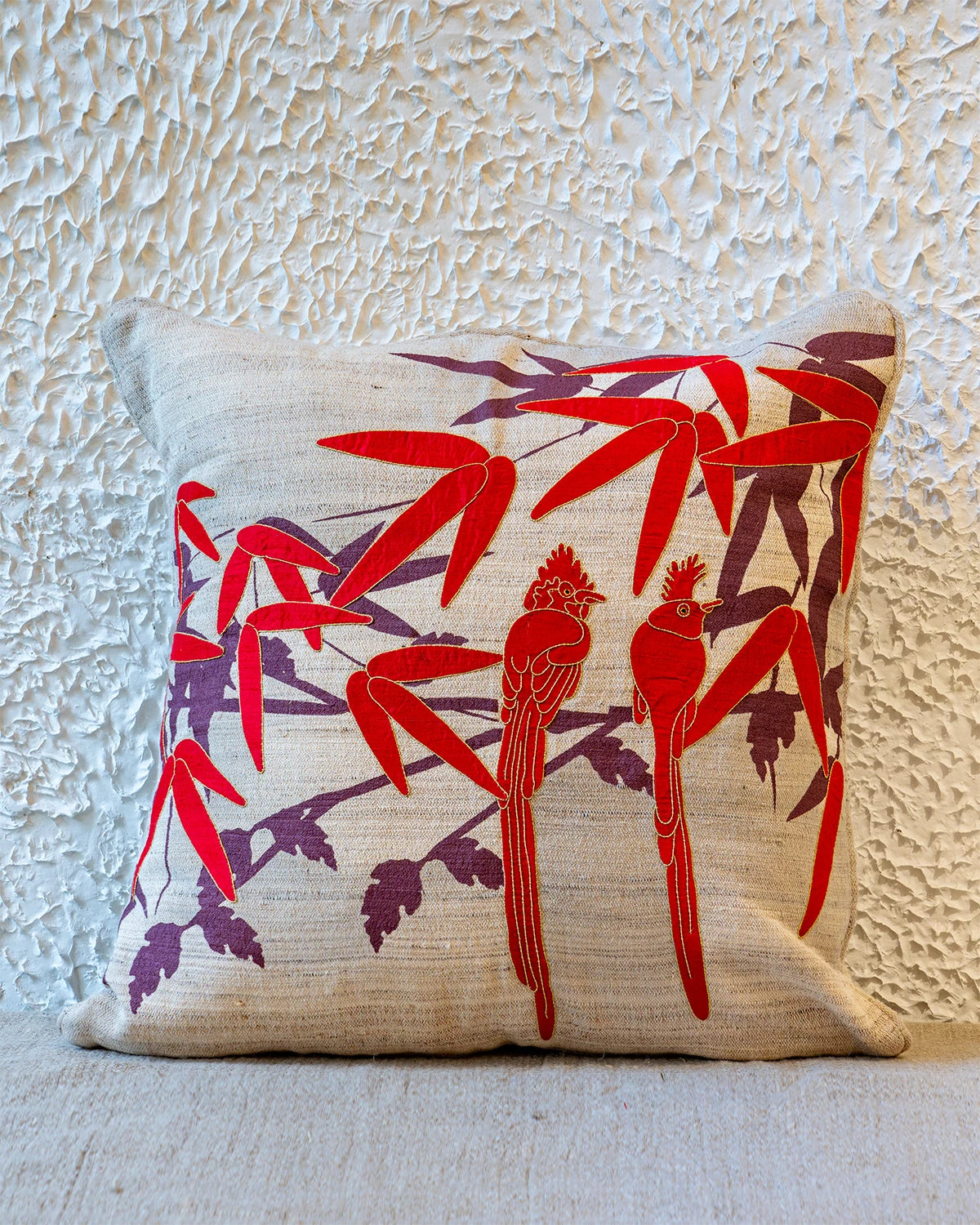 Paradise Flycatchers Appliqué Cushion Cover - Red