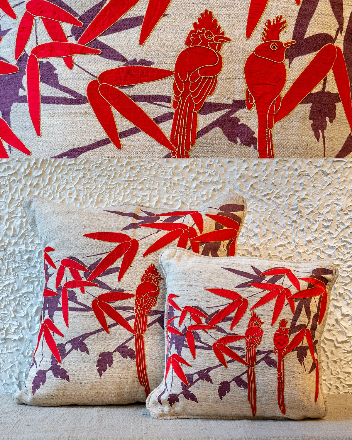 Paradise Flycatchers Appliqué Cushion Cover - Red