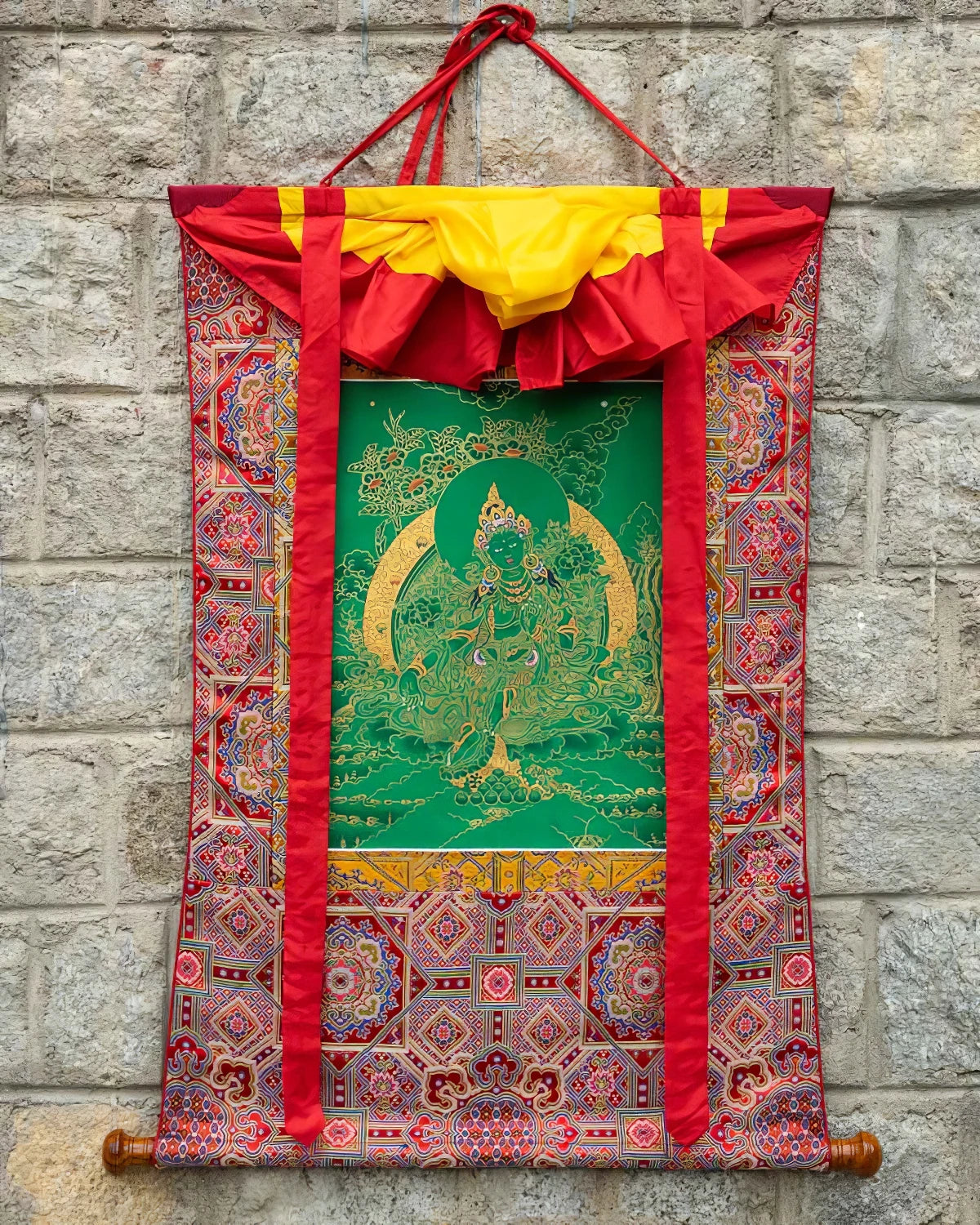 Green Tara (Gold on Green) Painted Thangka