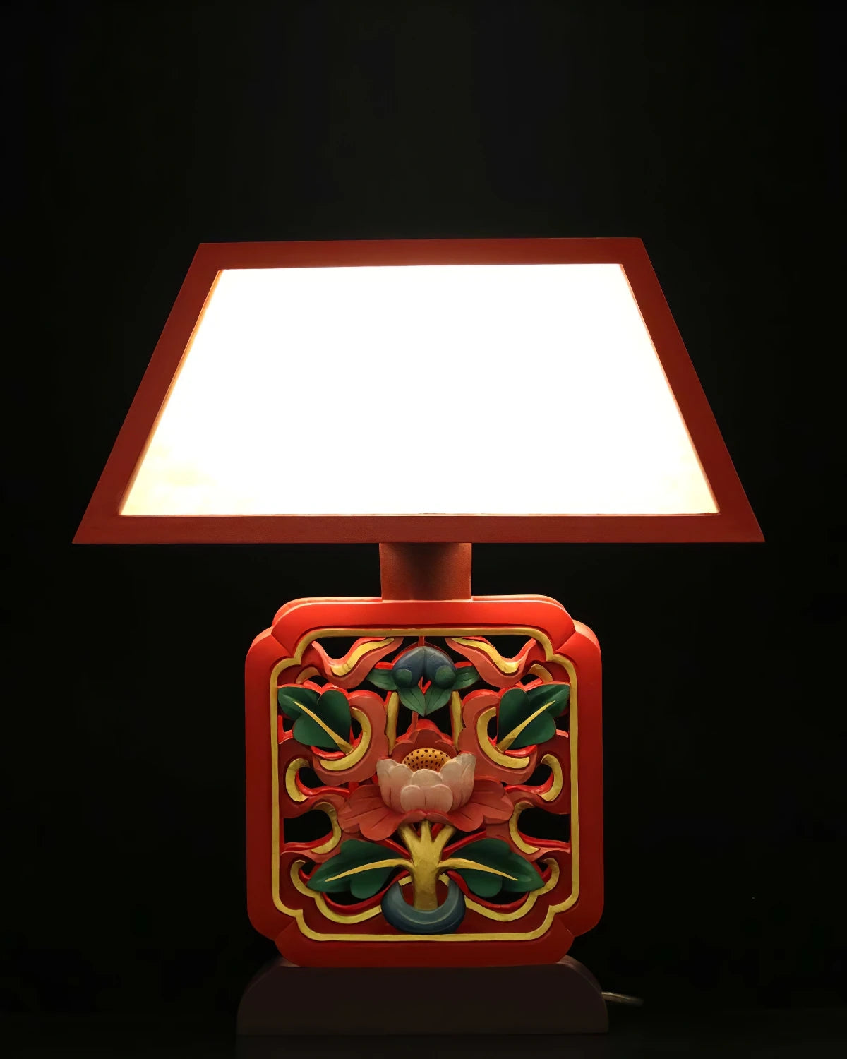 Lotus Auspicious Symbols Carved Table Lamp in Red