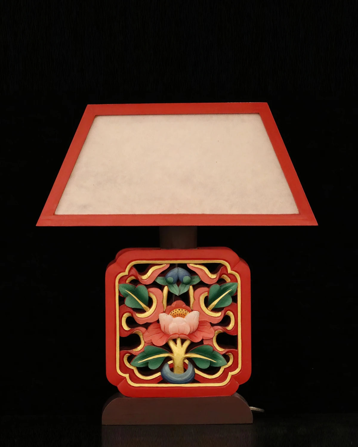 Lotus Auspicious Symbols Carved Table Lamp in Red