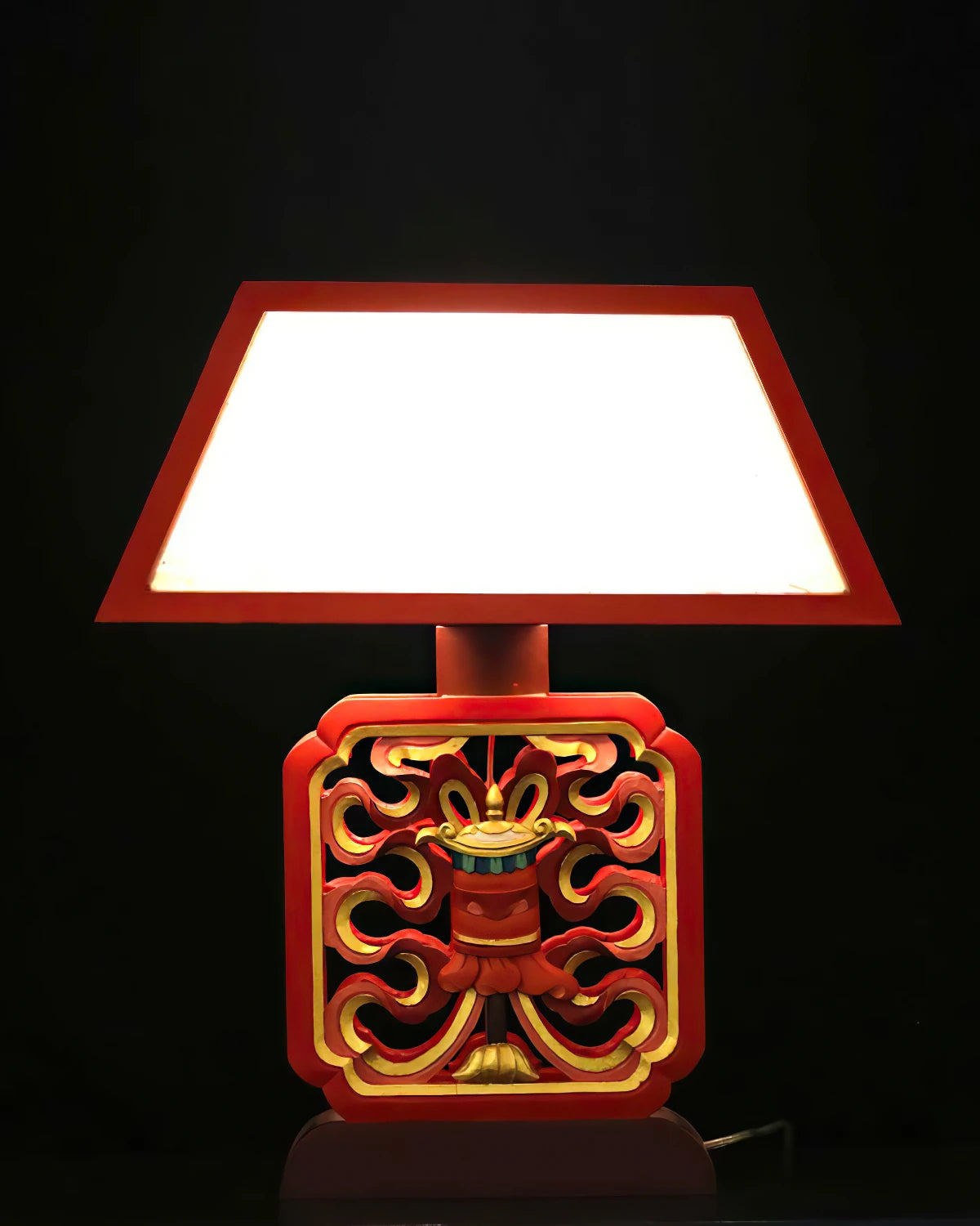 Victory Banner Auspicious Symbols Carved Table Lamp in Red