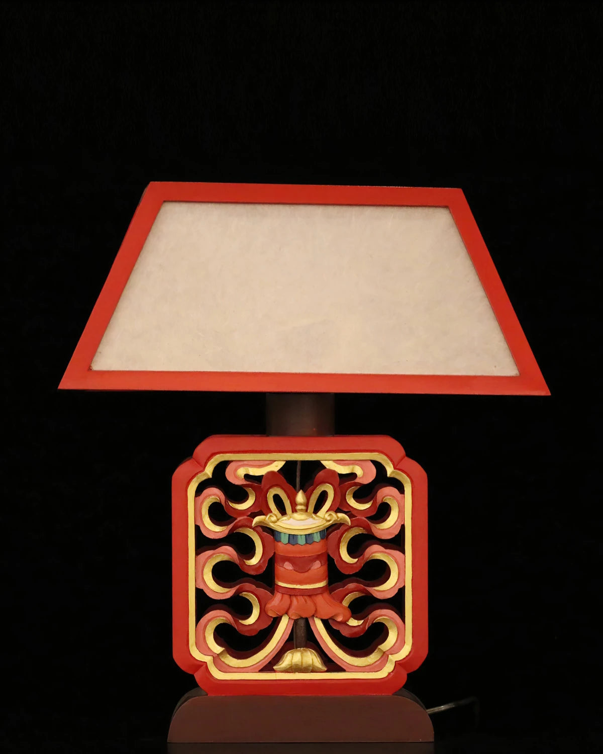 Victory Banner Auspicious Symbols Carved Table Lamp in Red